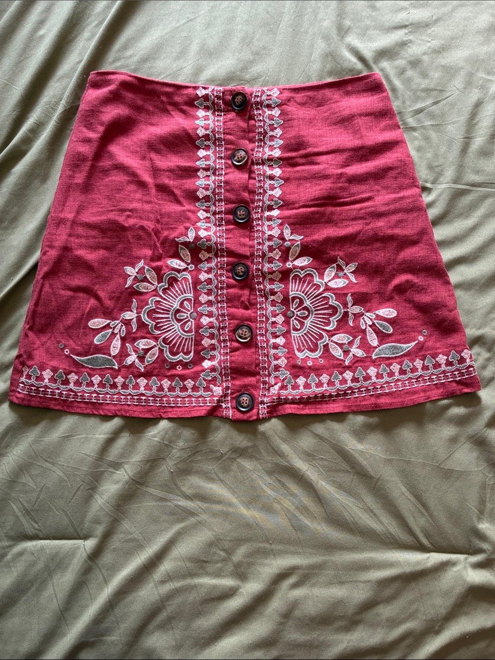 Blu Pepper Rust Embroidered Button-Front Mini Skirt